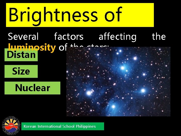Brightness of Several factors affecting the Stars luminosity of the stars: Distan ce Size