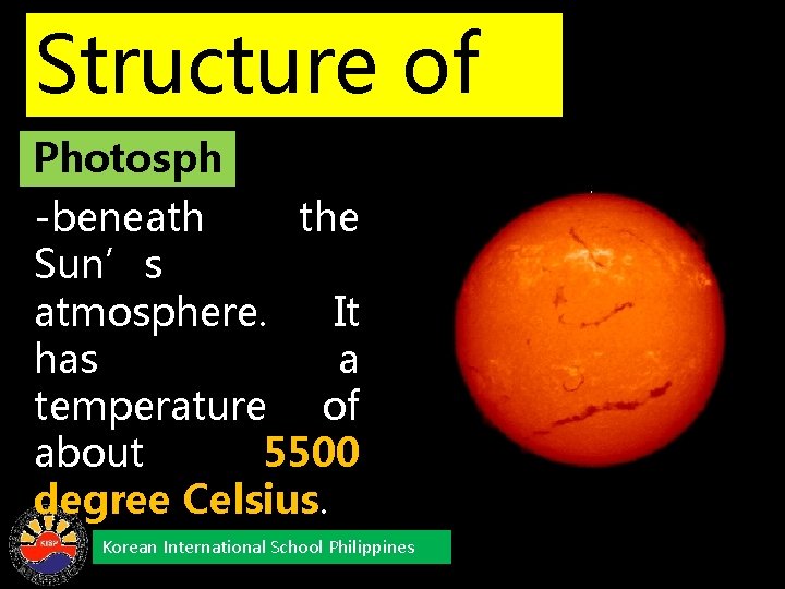 Structure of Photosph the Sun ere -beneath the Sun’s atmosphere. It has a temperature