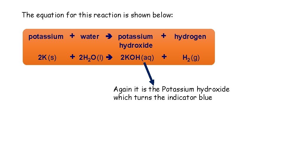 The equation for this reaction is shown below: potassium + water potassium hydroxide +