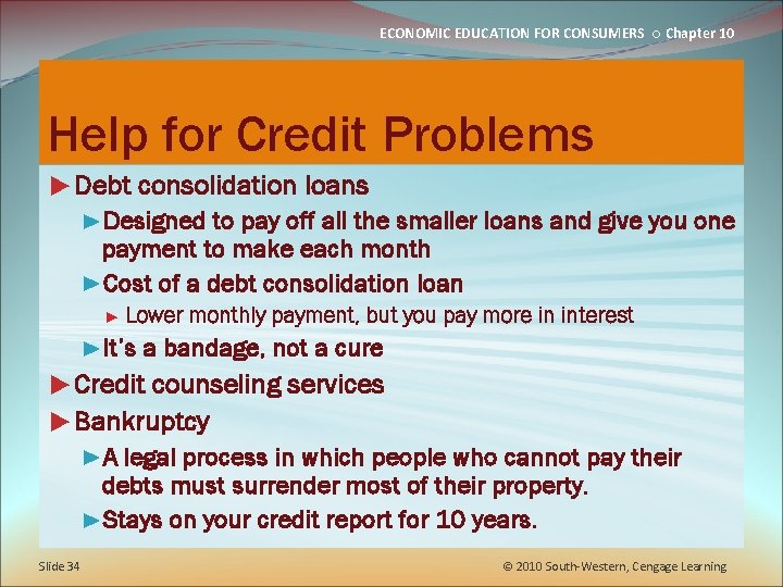 ECONOMIC EDUCATION FOR CONSUMERS ○ Chapter 10 Help for Credit Problems ►Debt consolidation loans