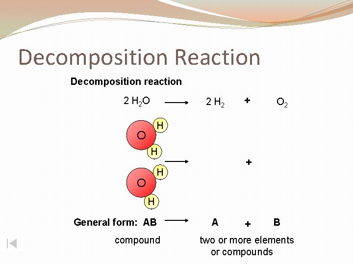Decomposition Reaction Decomposition reaction 2 H 2 O 2 H 2 + O 2
