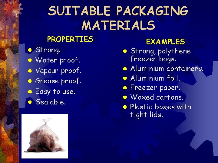 SUITABLE PACKAGING MATERIALS ® ® ® PROPERTIES Strong. Water proof. Vapour proof. Grease proof.