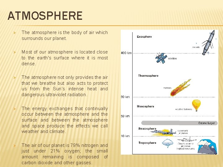 ATMOSPHERE Ø The atmosphere is the body of air which surrounds our planet. Ø