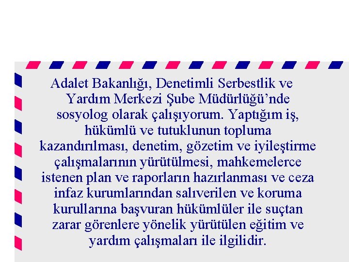 Adalet Bakanlığı, Denetimli Serbestlik ve Yardım Merkezi Şube Müdürlüğü’nde sosyolog olarak çalışıyorum. Yaptığım iş,