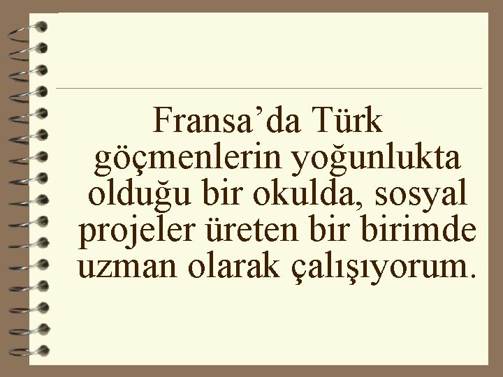 Fransa’da Türk göçmenlerin yoğunlukta olduğu bir okulda, sosyal projeler üreten birimde uzman olarak çalışıyorum.