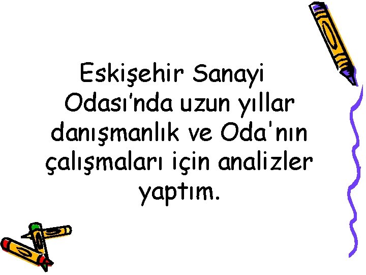 Eskişehir Sanayi Odası’nda uzun yıllar danışmanlık ve Oda'nın çalışmaları için analizler yaptım. 