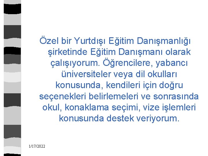 Özel bir Yurtdışı Eğitim Danışmanlığı şirketinde Eğitim Danışmanı olarak çalışıyorum. Öğrencilere, yabancı üniversiteler veya