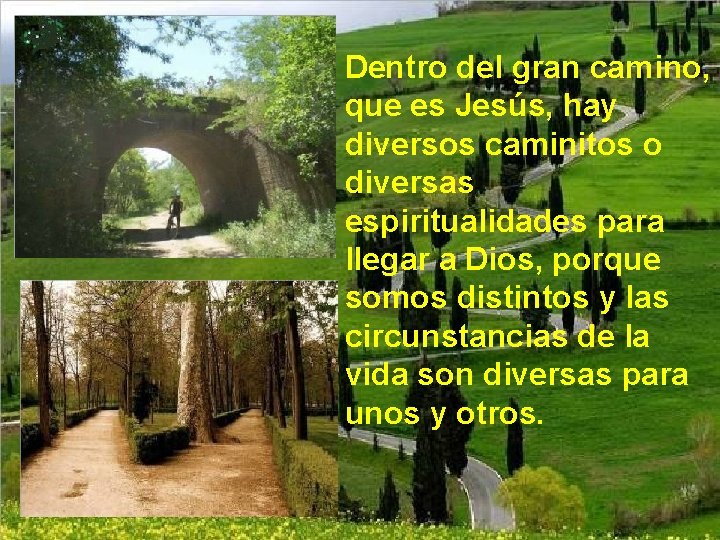 Dentro del gran camino, que es Jesús, hay diversos caminitos o diversas espiritualidades para