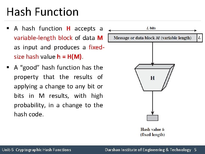 Hash Function § A hash function H accepts a variable-length block of data M Hash Function § A hash function H accepts a variable-length block of data M