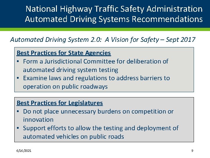 National Highway Traffic Safety Administration Automated Driving Systems Recommendations Automated Driving System 2. 0: