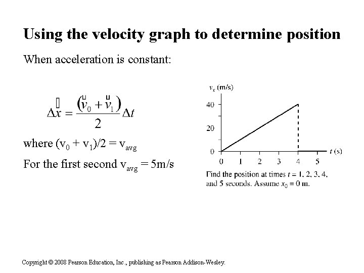 Using the velocity graph to determine position When acceleration is constant: where (v 0