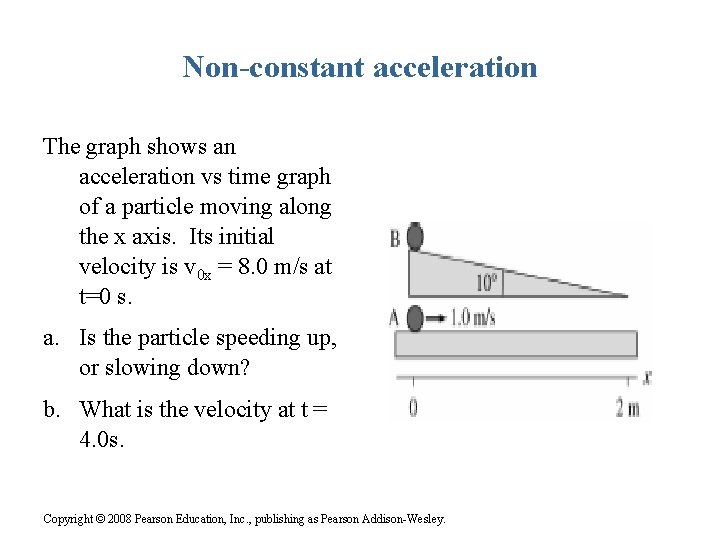 Non-constant acceleration The graph shows an acceleration vs time graph of a particle moving