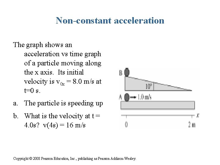 Non-constant acceleration The graph shows an acceleration vs time graph of a particle moving