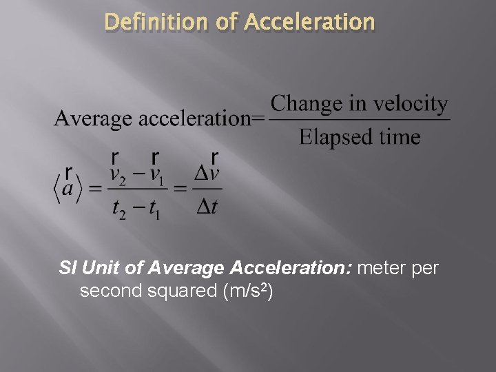 Definition of Acceleration SI Unit of Average Acceleration: meter per second squared (m/s 2)