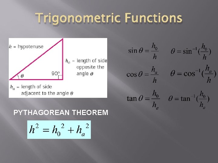 Trigonometric Functions PYTHAGOREAN THEOREM Trigonometric Functions PYTHAGOREAN THEOREM
