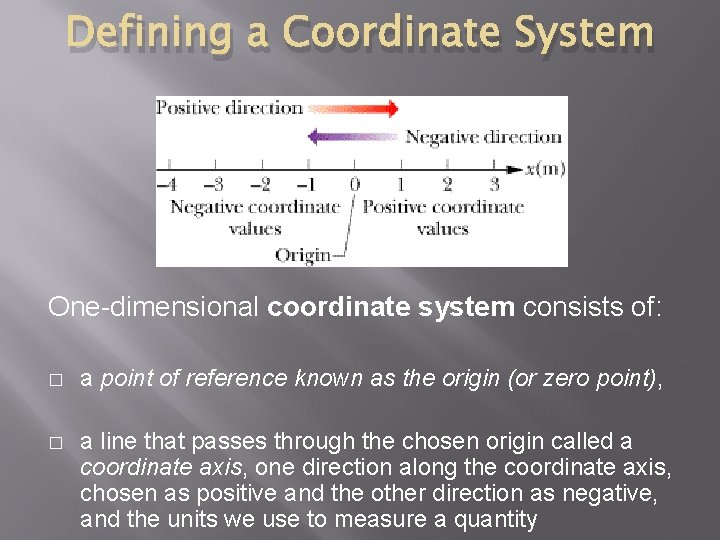 Defining a Coordinate System One-dimensional coordinate system consists of: � a point of reference Defining a Coordinate System One-dimensional coordinate system consists of: � a point of reference