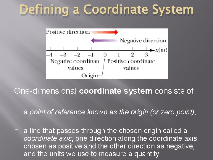 Defining a Coordinate System One-dimensional coordinate system consists of: � a point of reference