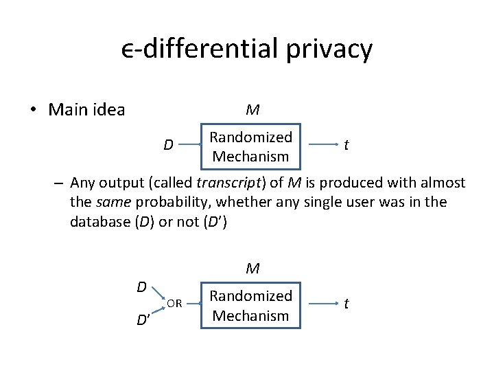 ϵ-differential privacy • Main idea M D Randomized Mechanism t – Any output (called ϵ-differential privacy • Main idea M D Randomized Mechanism t – Any output (called
