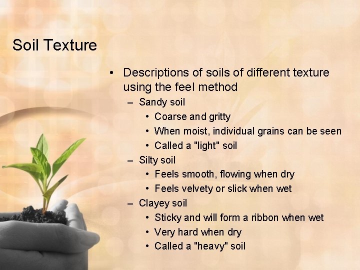Soil Texture • Descriptions of soils of different texture using the feel method –