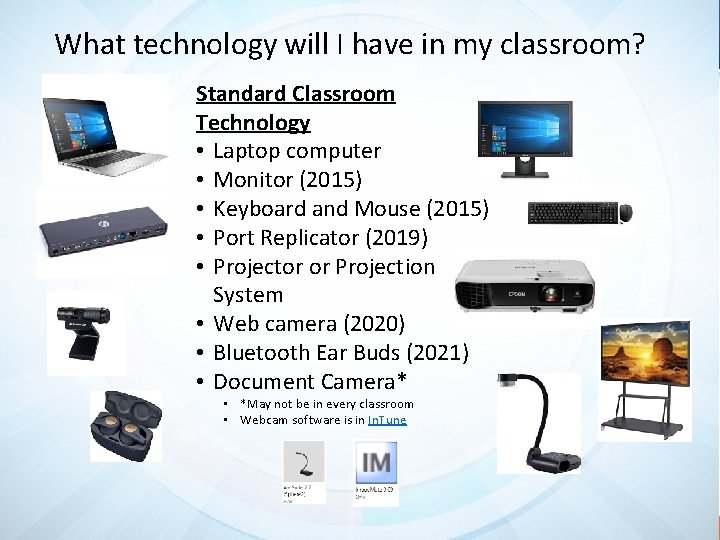 What technology will I have in my classroom? Standard Classroom Technology • Laptop computer