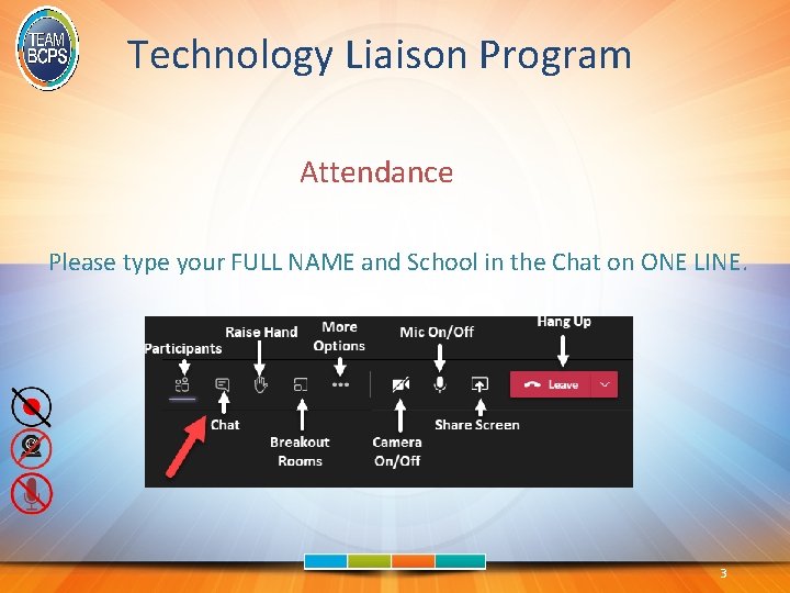 Technology Liaison Program Attendance Please type your FULL NAME and School in the Chat