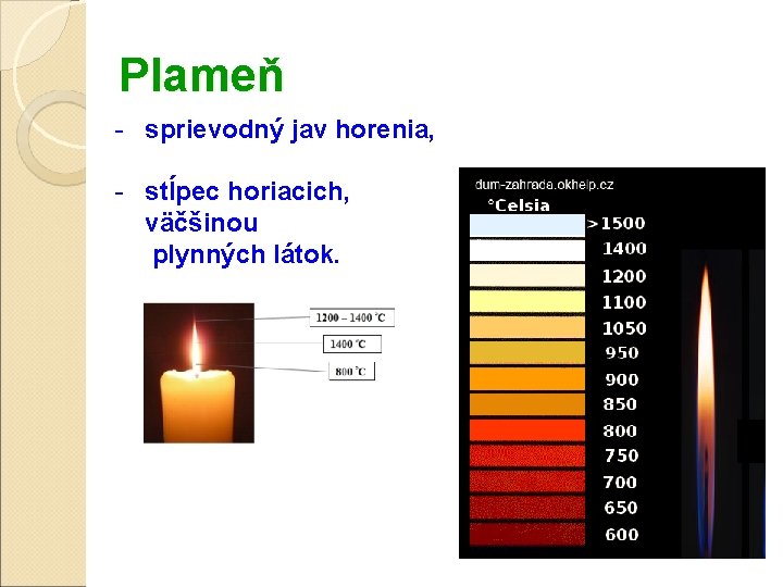 Plameň - sprievodný jav horenia, - stĺpec horiacich, väčšinou plynných látok. 