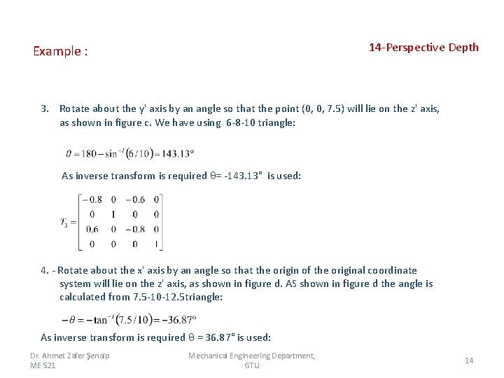 14 -Perspective Depth Example : 3. Rotate about the y' axis by an angle