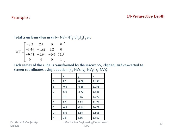 14 -Perspective Depth Example : Total transformation matrix= NV= NT 5 T 4 T