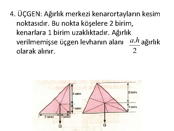 4. ÜÇGEN: Ağırlık merkezi kenarortayların kesim noktasıdır. Bu nokta köşelere 2 birim, kenarlara 1