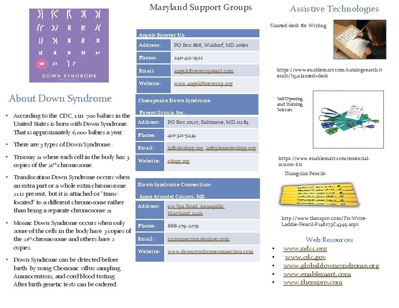 Maryland Support Groups Assistive Technologies Slanted desk for Writing Angels Forever Up About Down