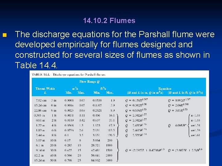 14. 10. 2 Flumes n The discharge equations for the Parshall flume were developed