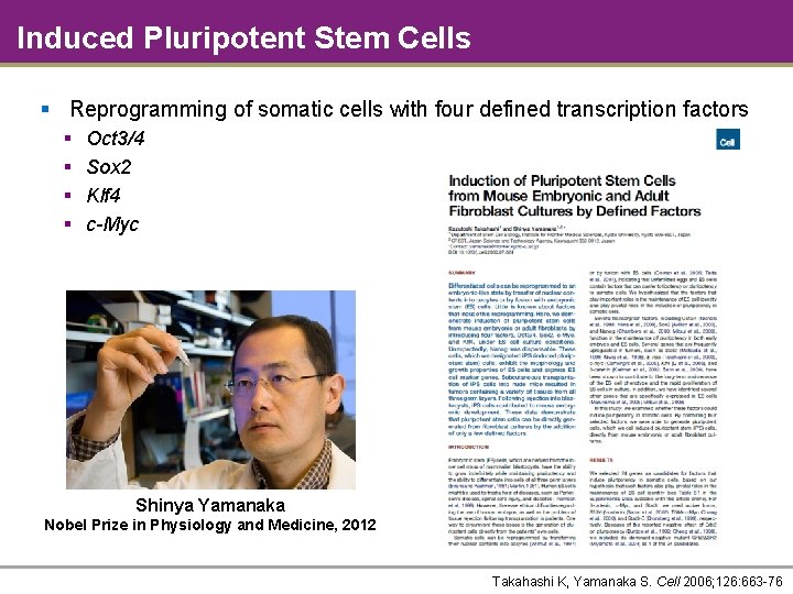 Induced Pluripotent Stem Cells § Reprogramming of somatic cells with four defined transcription factors