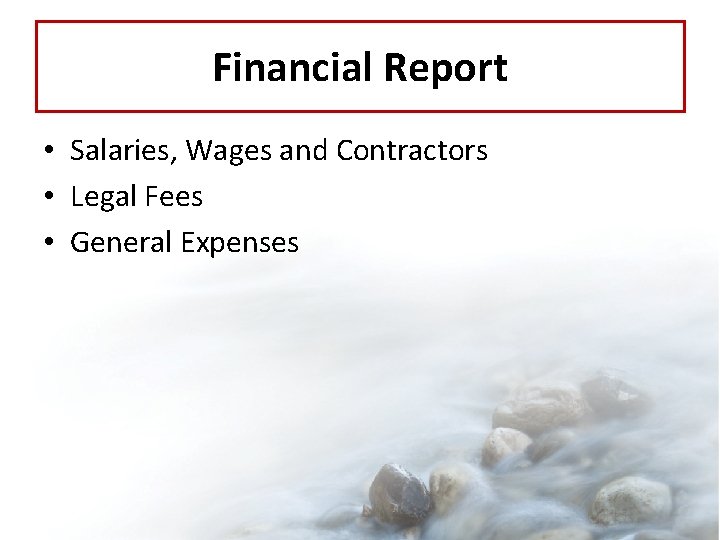 Financial Report • Salaries, Wages and Contractors • Legal Fees • General Expenses 