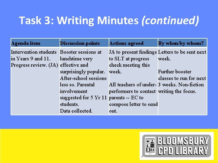 Task 3: Writing Minutes (continued) Agenda item Discussion points Intervention students Booster sessions at