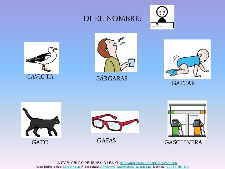 DI EL NOMBRE: GAVIOTA GATO GÁRGARAS GAFAS GATEAR GASOLINERA AUTOR: GRUPO DE TRABAJO LEA