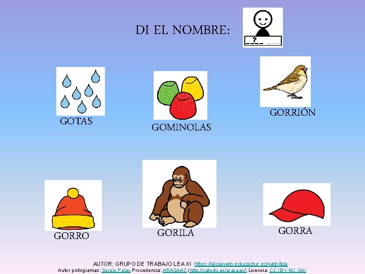 DI EL NOMBRE: GOTAS GORRO GOMINOLAS GORILA GORRIÓN GORRA AUTOR: GRUPO DE TRABAJO LEA