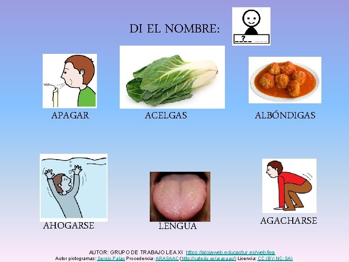 DI EL NOMBRE: APAGAR AHOGARSE ACELGAS LENGUA ALBÓNDIGAS AGACHARSE AUTOR: GRUPO DE TRABAJO LEA