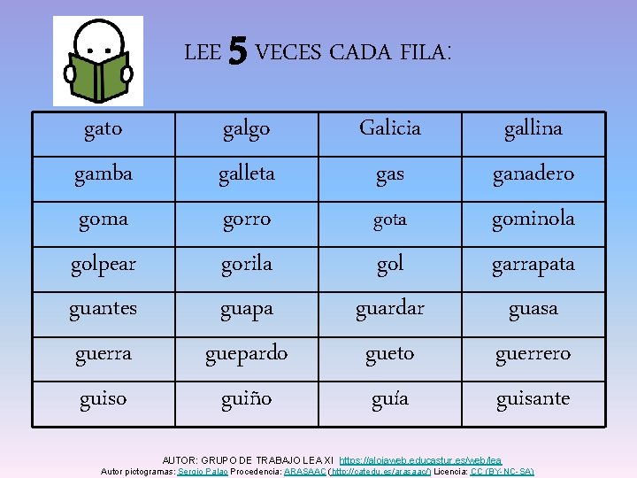 LEE gato gamba goma golpear guantes guerra guiso 5 VECES CADA FILA: galgo galleta