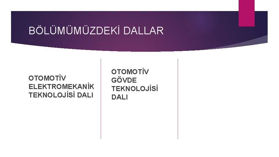 BÖLÜMÜMÜZDEKİ DALLAR OTOMOTİV ELEKTROMEKANİK TEKNOLOJİSİ DALI OTOMOTİV GÖVDE TEKNOLOJİSİ DALI 