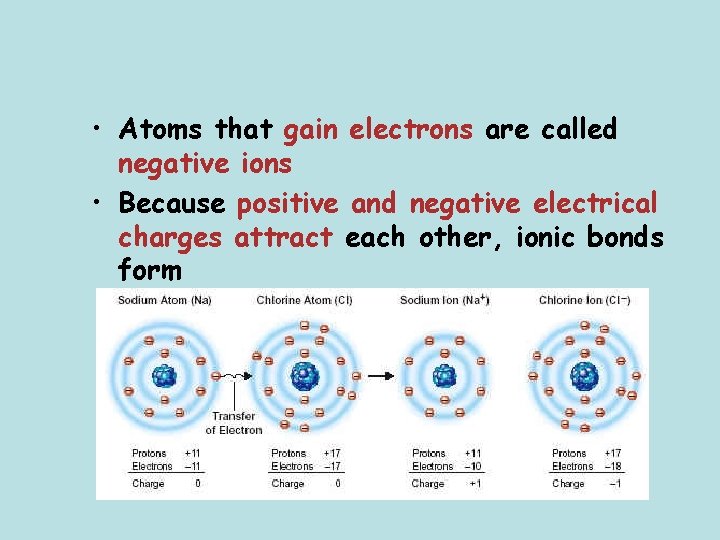  • Atoms that gain electrons are called negative ions • Because positive and