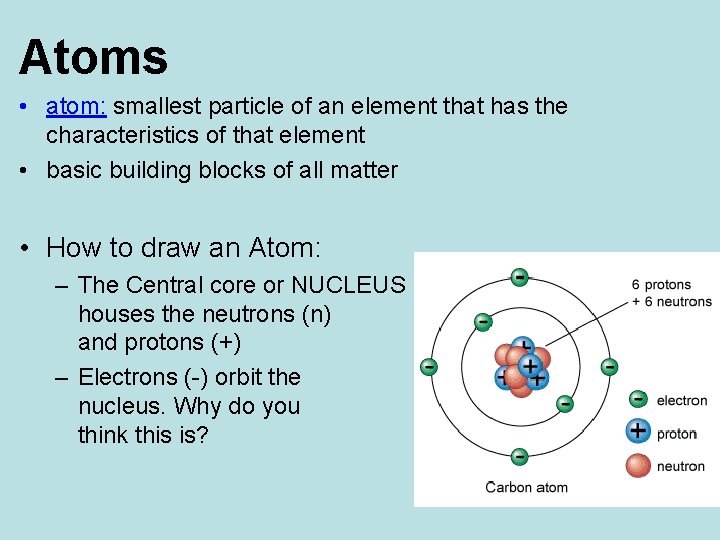 Atoms • atom: smallest particle of an element that has the characteristics of that