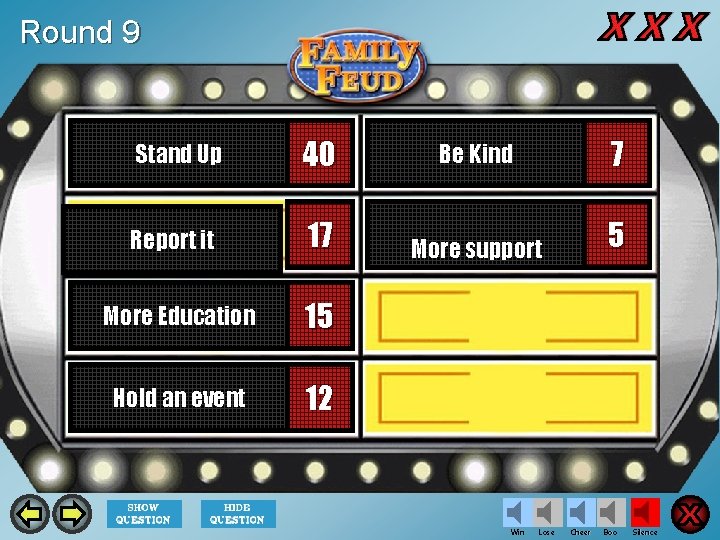 Round 9 Stand Up 40 Be Kind 7 Report it 17 More support 5