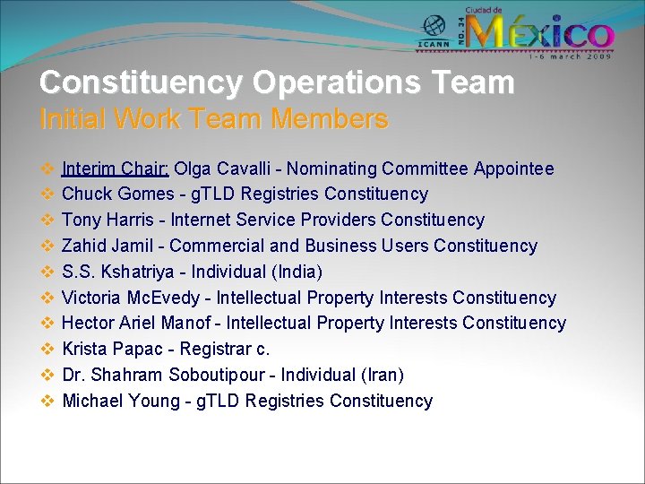 Constituency Operations Team Initial Work Team Members v v v v v Interim Chair: