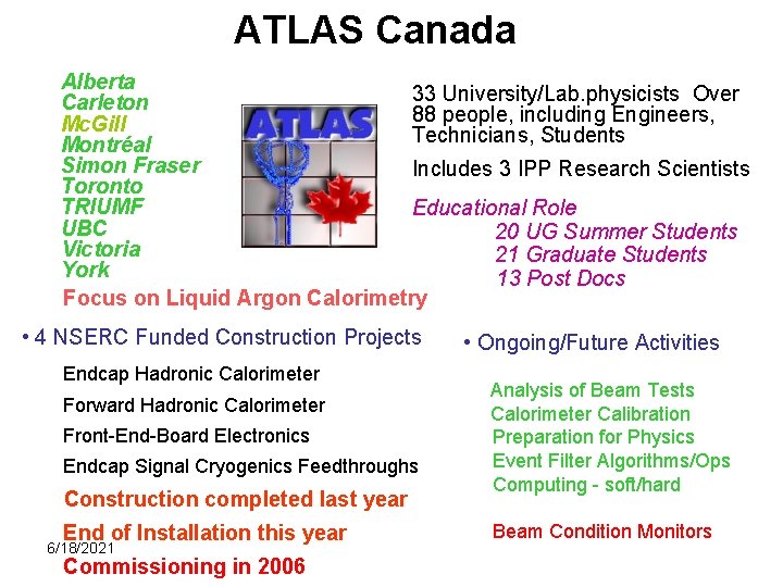ATLAS Canada Alberta 33 University/Lab. physicists Over Carleton 88 people, including Engineers, Mc. Gill