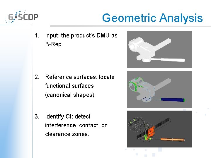 Geometric Analysis 1. Input: the product’s DMU as B-Rep. 2. Reference surfaces: locate functional
