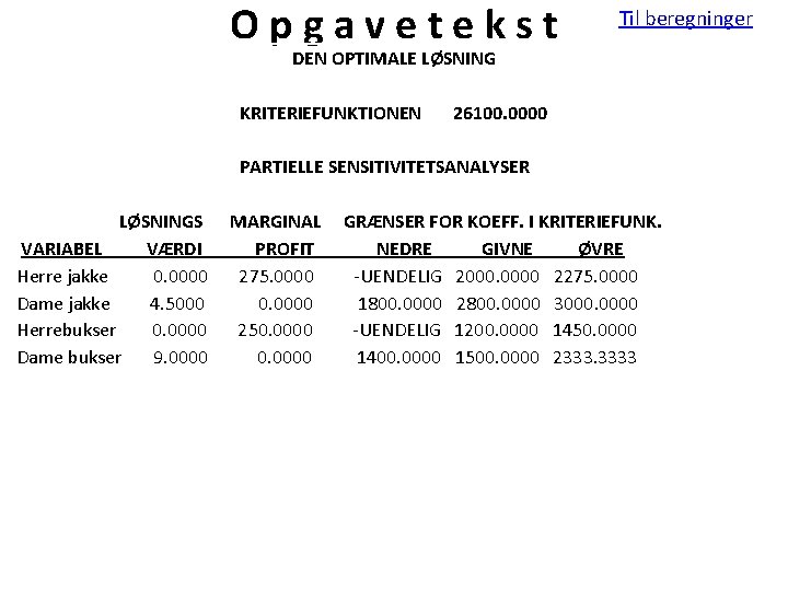Opgavetekst Til beregninger DEN OPTIMALE LØSNING KRITERIEFUNKTIONEN 26100. 0000 PARTIELLE SENSITIVITETSANALYSER LØSNINGS VARIABEL VÆRDI