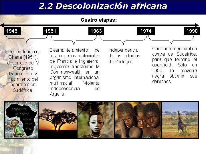 2. 2 Descolonización africana Cuatro etapas: 1945 Independencia de Ghana (1951), desarrollo del V