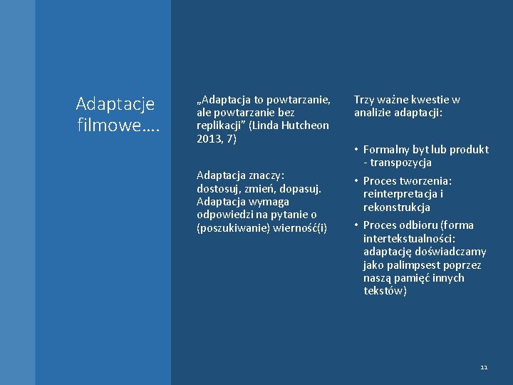 Adaptacje filmowe…. „Adaptacja to powtarzanie, ale powtarzanie bez replikacji” (Linda Hutcheon 2013, 7) Adaptacja Adaptacje filmowe…. „Adaptacja to powtarzanie, ale powtarzanie bez replikacji” (Linda Hutcheon 2013, 7) Adaptacja