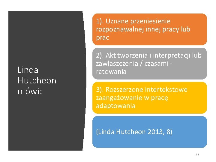 1). Uznane przeniesienie rozpoznawalnej innej pracy lub prac Linda Hutcheon mówi: 2). Akt tworzenia