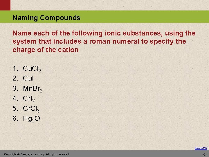 Naming Compounds Name each of the following ionic substances, using the system that includes